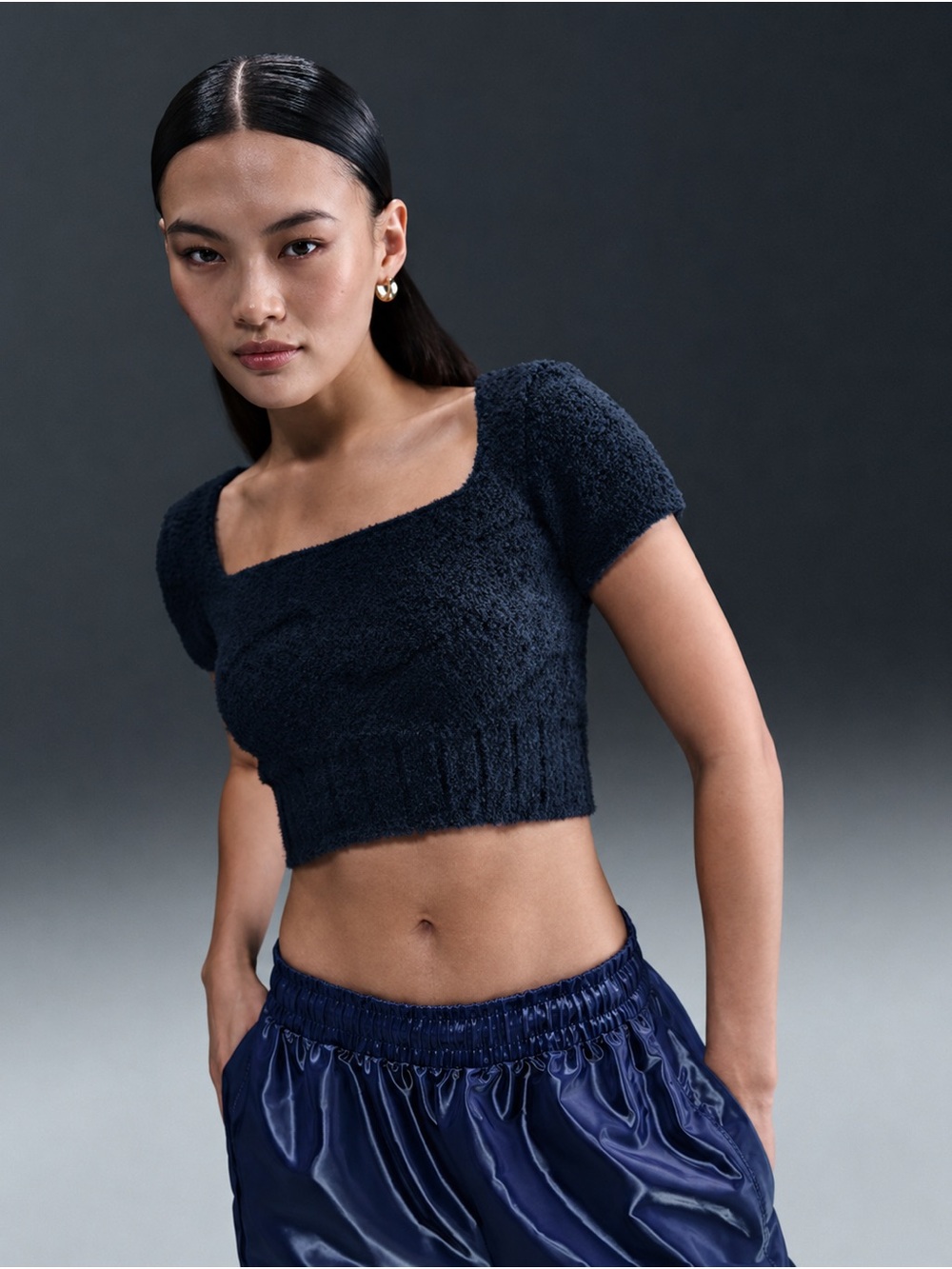 NWT Nike Phoenix Cozy Fuzzy Cropped Top Navy Size Small